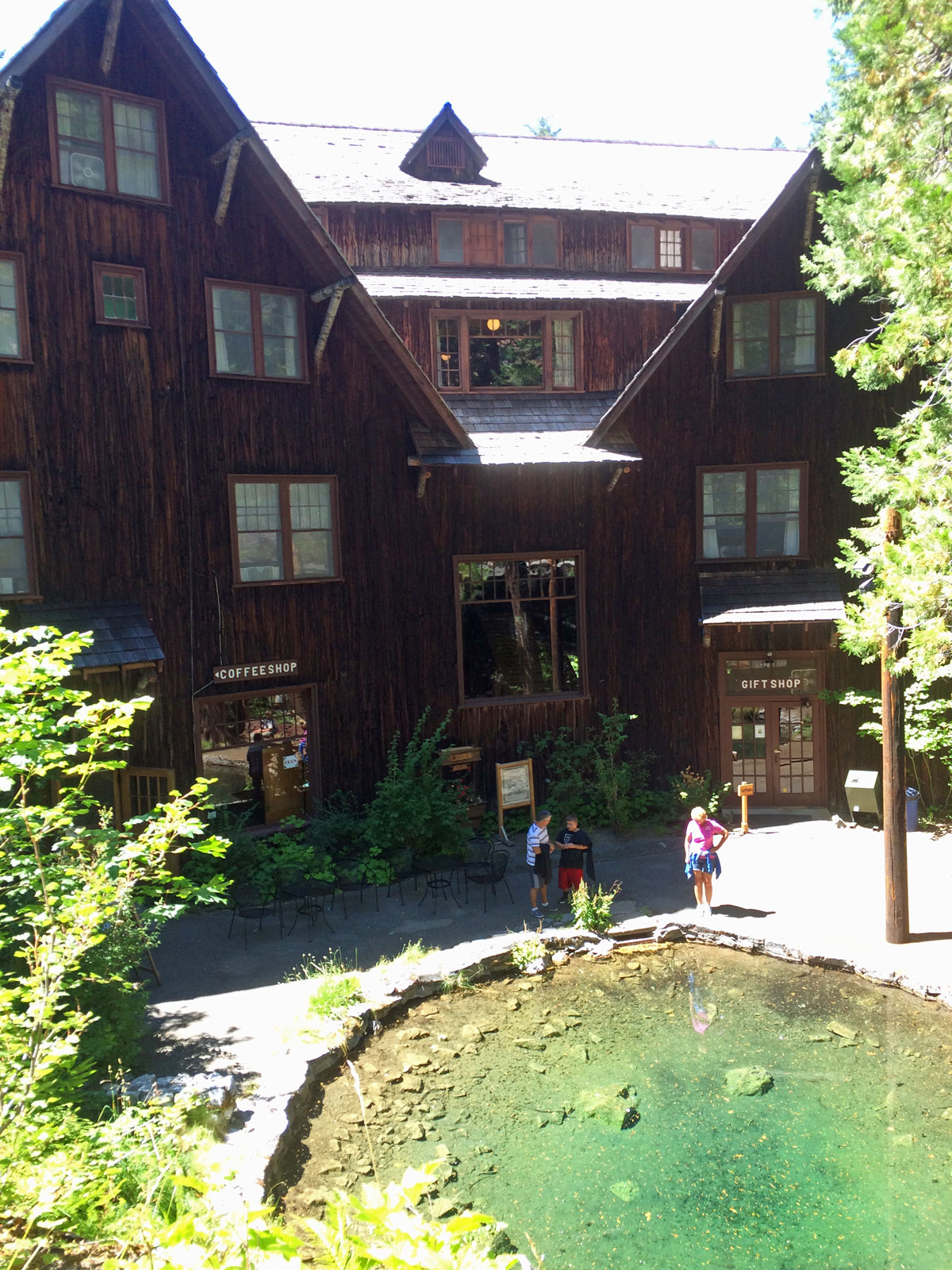 The pond at the lodge at Oregon Caves is a deep blue green color.